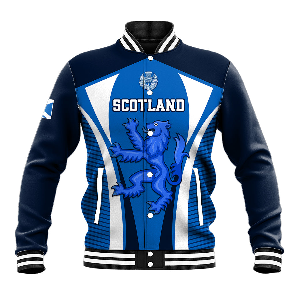 Blue varsity baseball jacket with Scotland shield graphic, snap front, ribbed cuffs