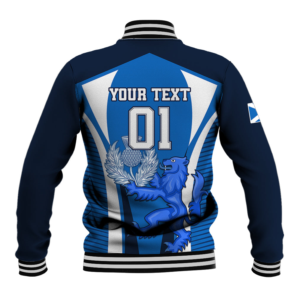 Blue baseball jacket back with 'YOUR TEXT' 01 shield, striped ribbed collar