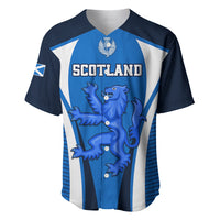 Blue Scotland rugby baseball jersey with lion crest, button placket and striped panels