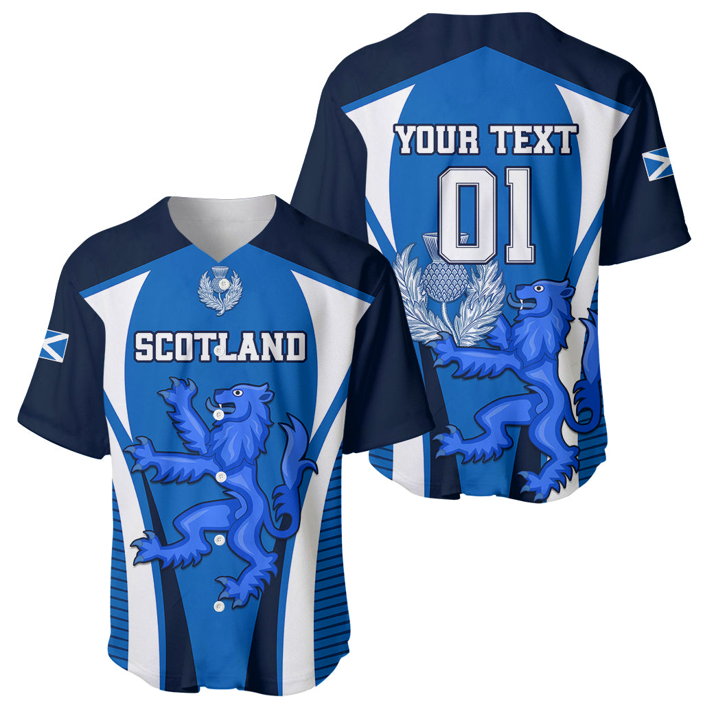 Set of blue Scotland rugby baseball jerseys, front and back views with lion graphics