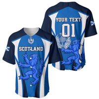 Set of blue Scotland rugby baseball jerseys, front and back views with lion graphics