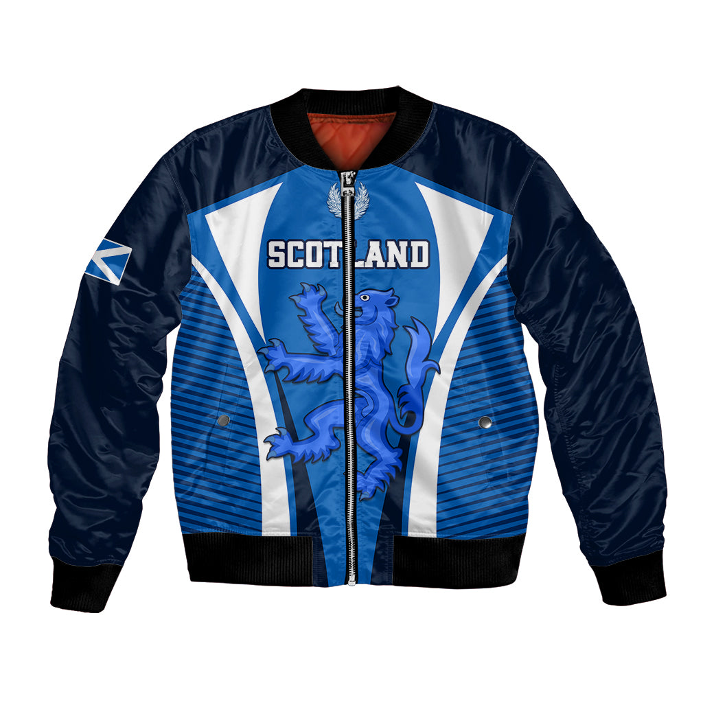 Blue and navy bomber jacket with zip front and large lion crest graphic