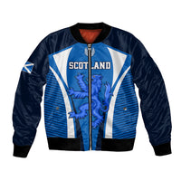 Blue and navy bomber jacket with zip front and large lion crest graphic
