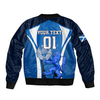 Blue and navy bomber jacket back with 'YOUR TEXT' and '01' crest graphic
