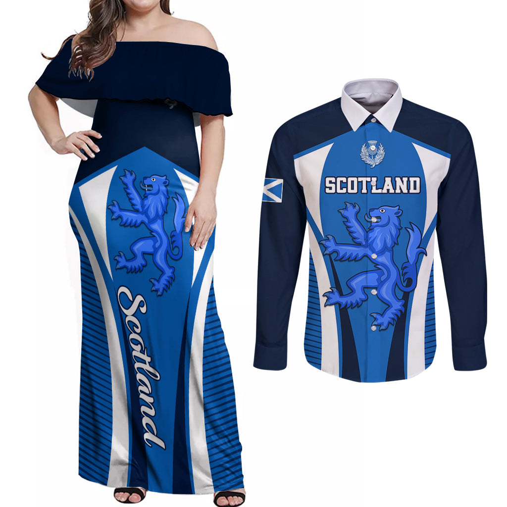 Custom Scotland Rugby Couples Matching Off Shoulder Maxi Dress and Long Sleeve Button Shirts Thistle With Scottish Lion - Wonder Print Shop