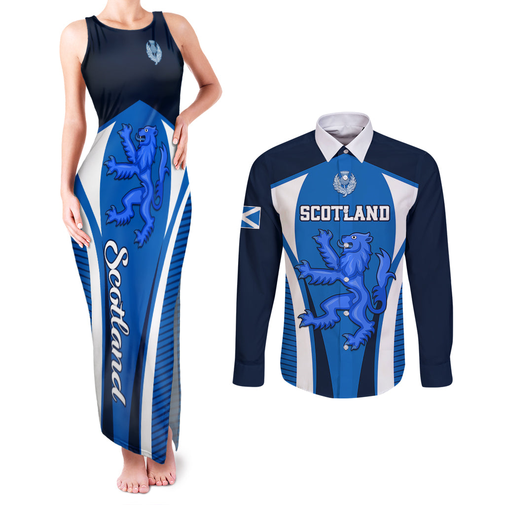 Custom Scotland Rugby Couples Matching Tank Maxi Dress and Long Sleeve Button Shirts Thistle With Scottish Lion - Wonder Print Shop