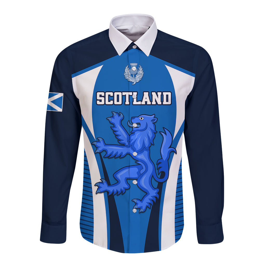 Blue rugby button shirt with white panels and Scotland crest graphic