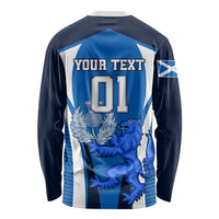 Blue and white striped long sleeve rugby shirt with back 'YOUR TEXT' and 01