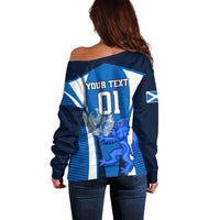 Blue off-shoulder sweater back with white stripes, "YOUR TEXT 01" and lion crest