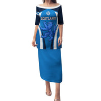 Blue off-shoulder rugby dress with Scotland lion crest and vertical stripe print, midi length
