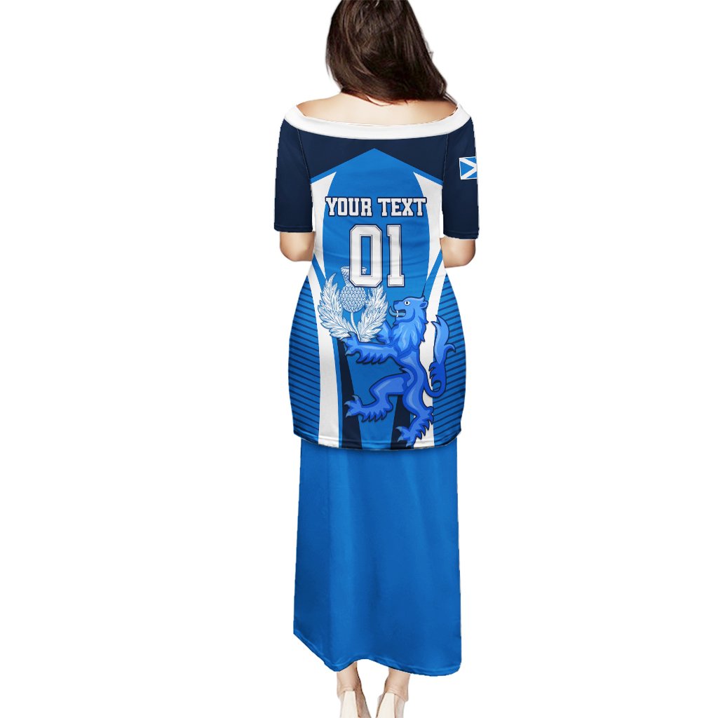 Blue off-shoulder rugby dress with back YOUR TEXT and number 01, lion crest