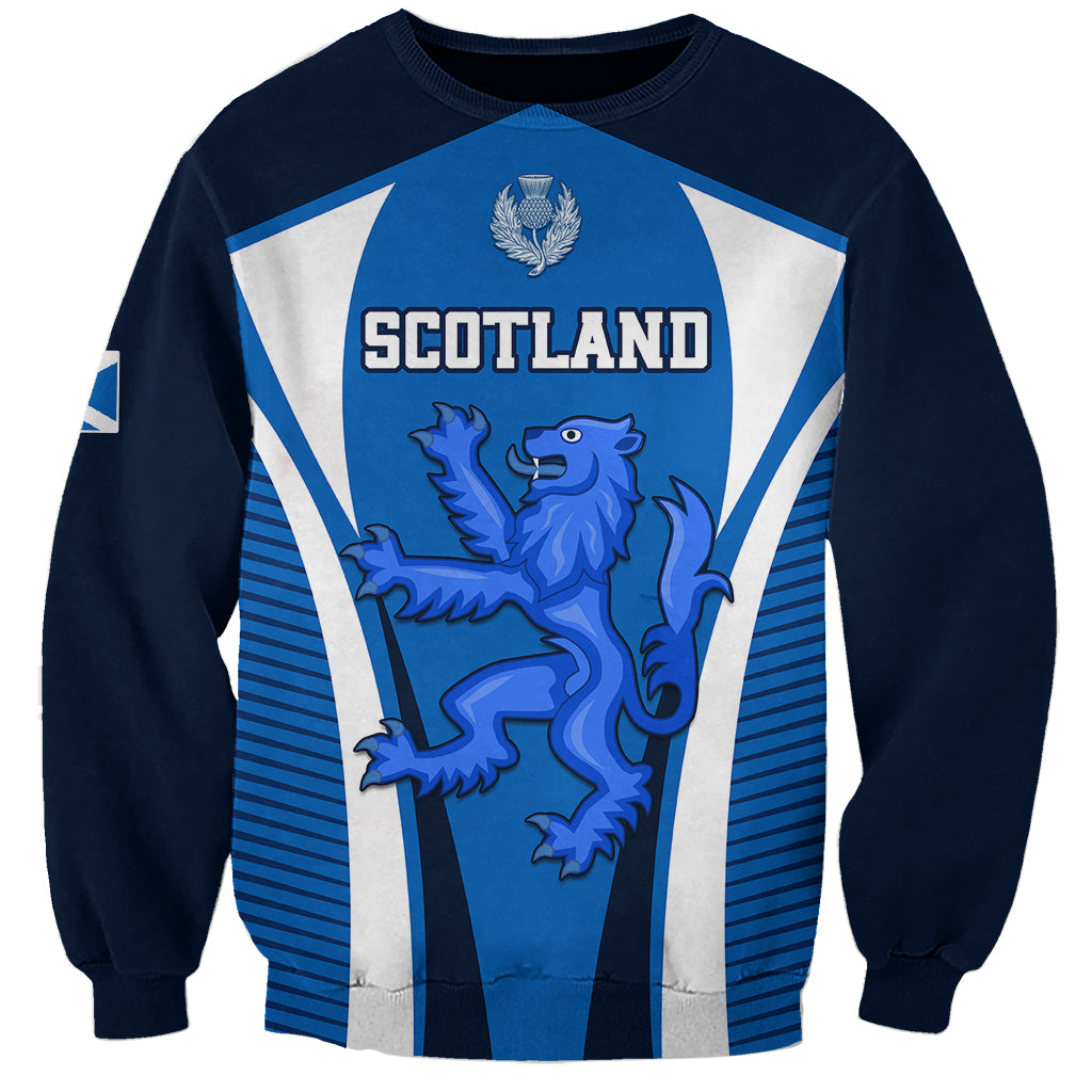 Blue Scotland rugby sweatshirt with lion crest and thistle graphic on front