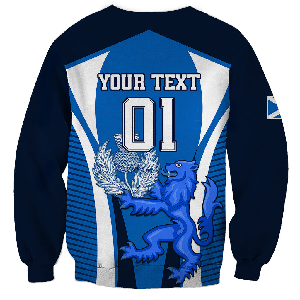 Blue rugby sweatshirt back with 'YOUR TEXT' and lion thistle crest, number 01