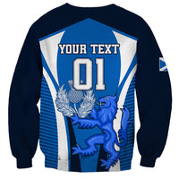 Blue rugby sweatshirt back with 'YOUR TEXT' and lion thistle crest, number 01