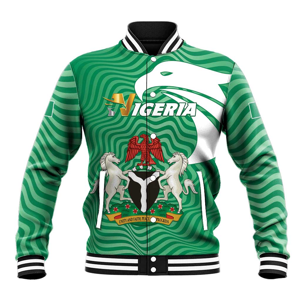 Green striped baseball jacket, front zip with Nigeria crest, ribbed black/white trims.