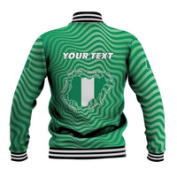 Green striped baseball jacket, ribbed black/white collar and cuffs, back Nigeria emblem print.