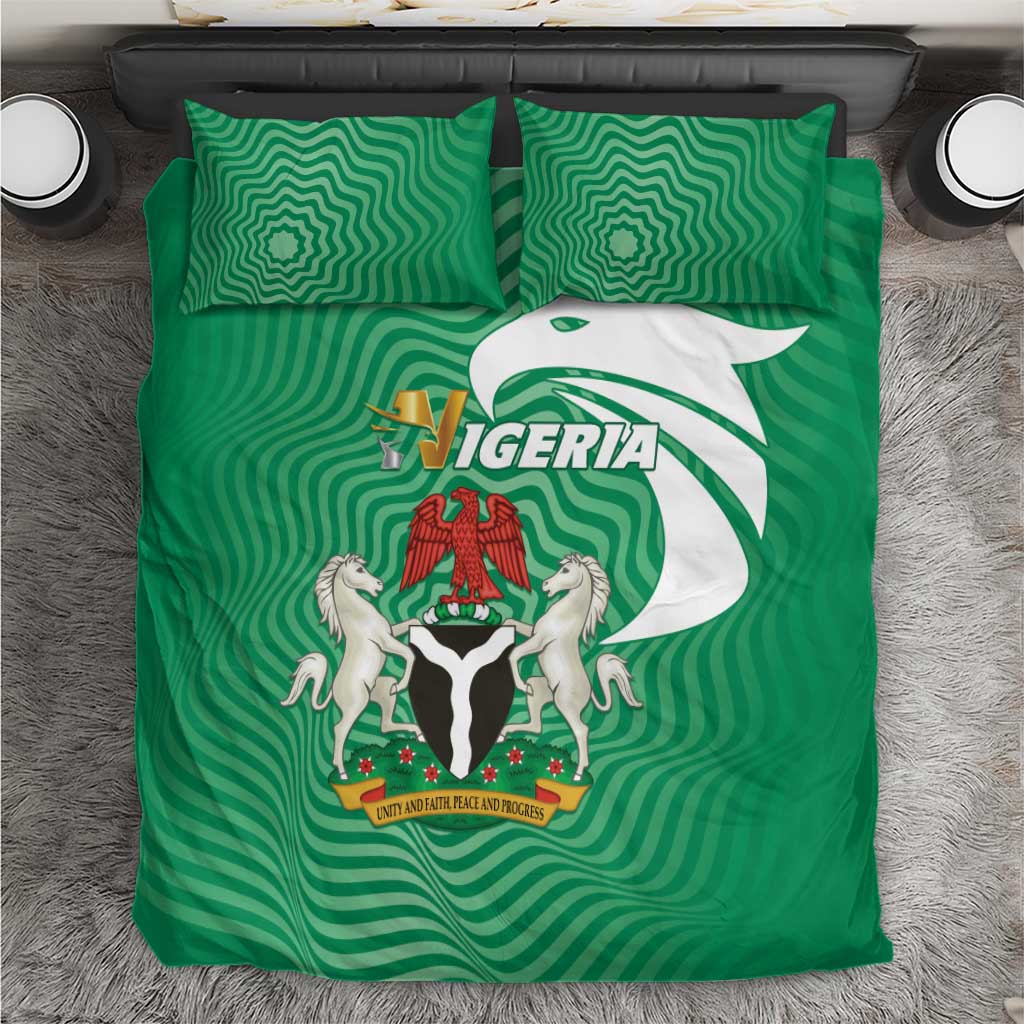 Green Nigeria bedding set with two matching pillowcases and duvet featuring crest graphic