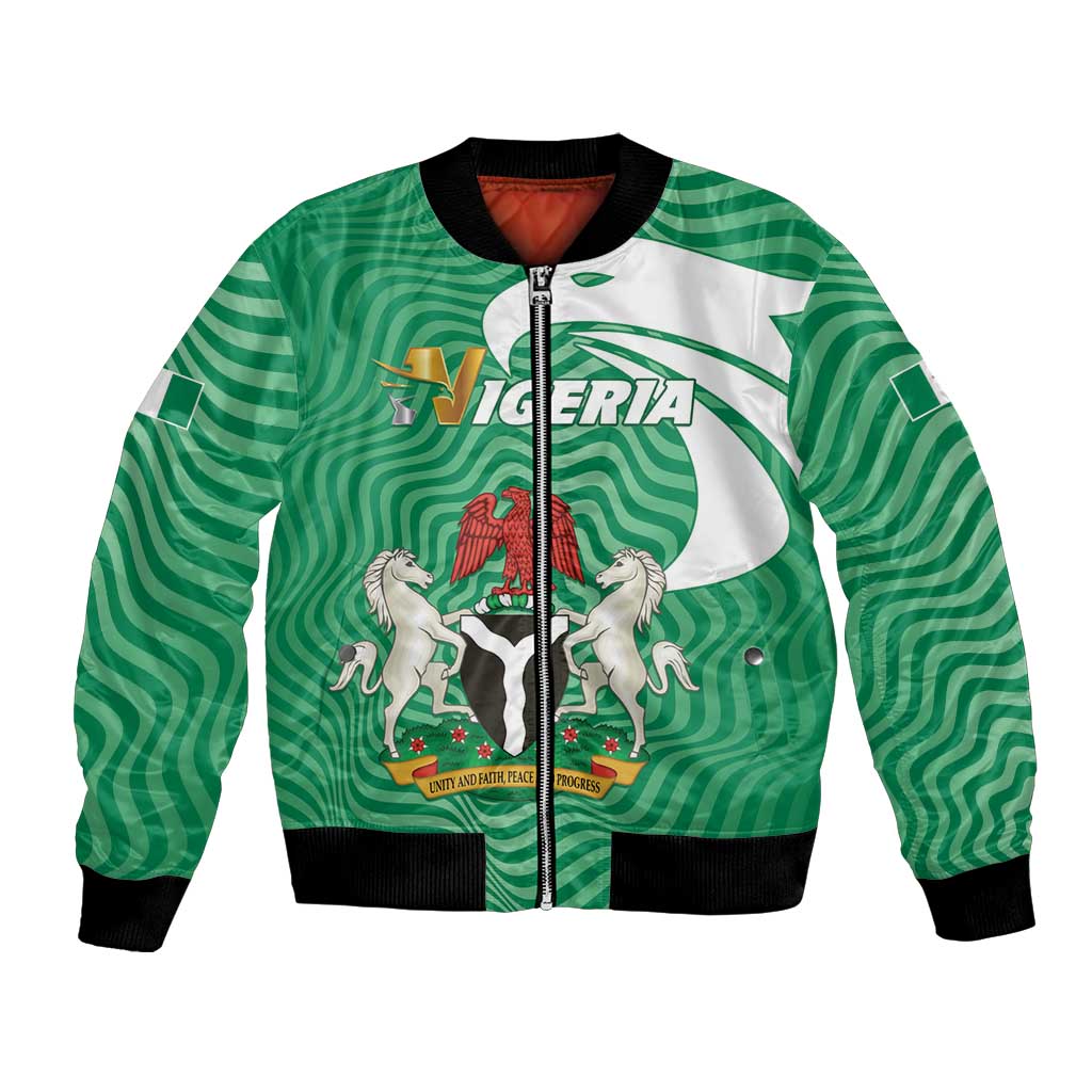 Green Nigeria bomber jacket, black trim, full-zip front, graphic crest