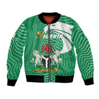 Green Nigeria bomber jacket, black trim, full-zip front, graphic crest