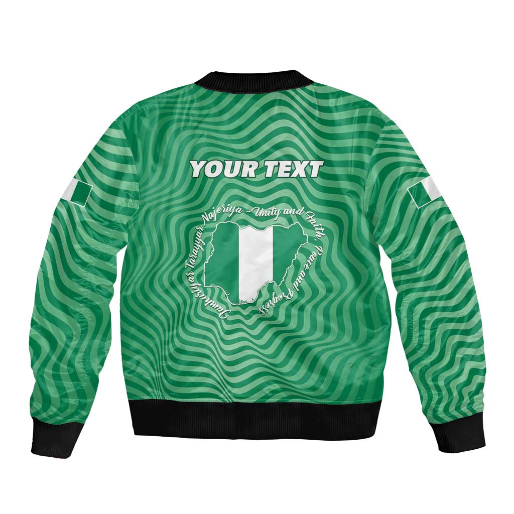 Green Nigeria bomber jacket, black ribbed hem, back graphic with your text