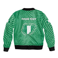Green Nigeria bomber jacket, black ribbed hem, back graphic with your text