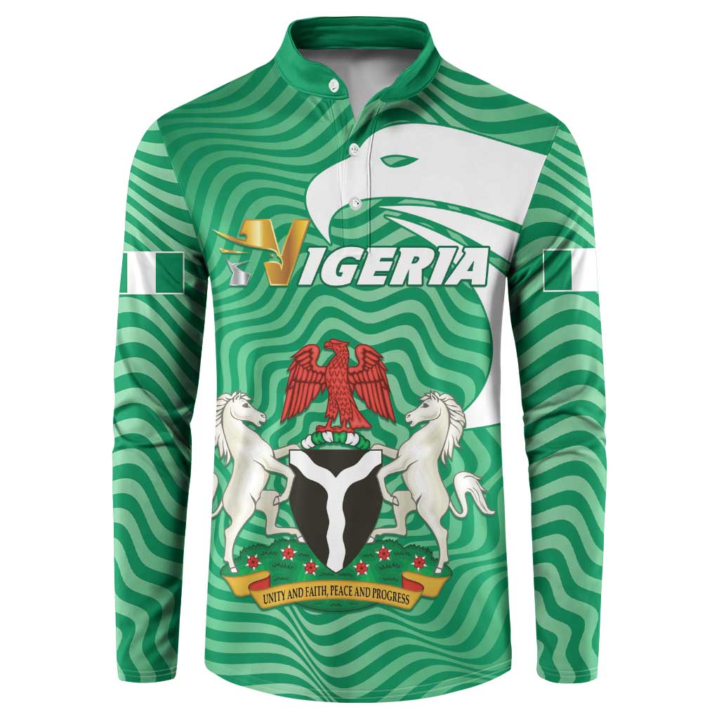 Green long-sleeve button sweatshirt with Nigeria crest emblem and white front yoke panel
