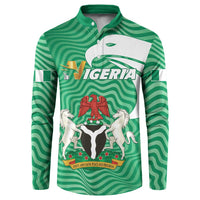 Green long-sleeve button sweatshirt with Nigeria crest emblem and white front yoke panel