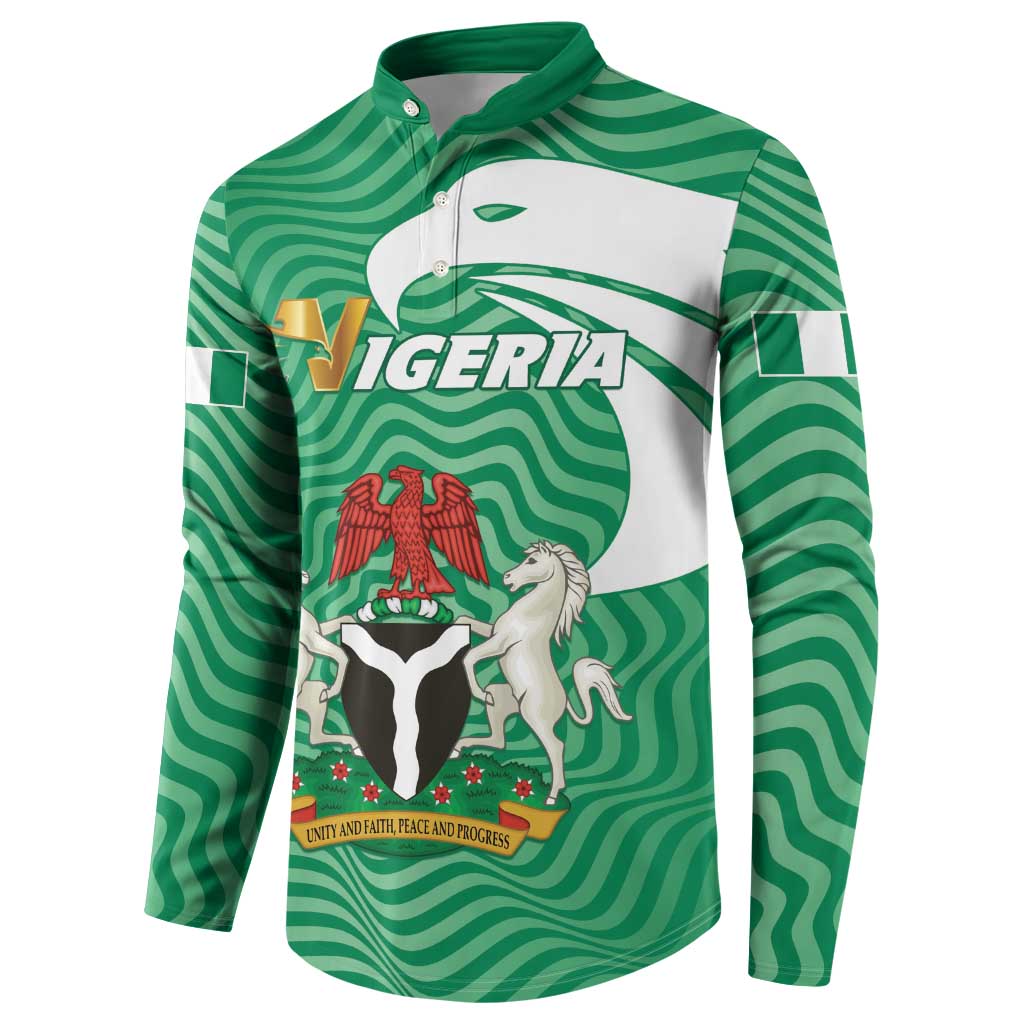 Green button-front Nigeria crest sweatshirt with white yoke panel and striped wavy design