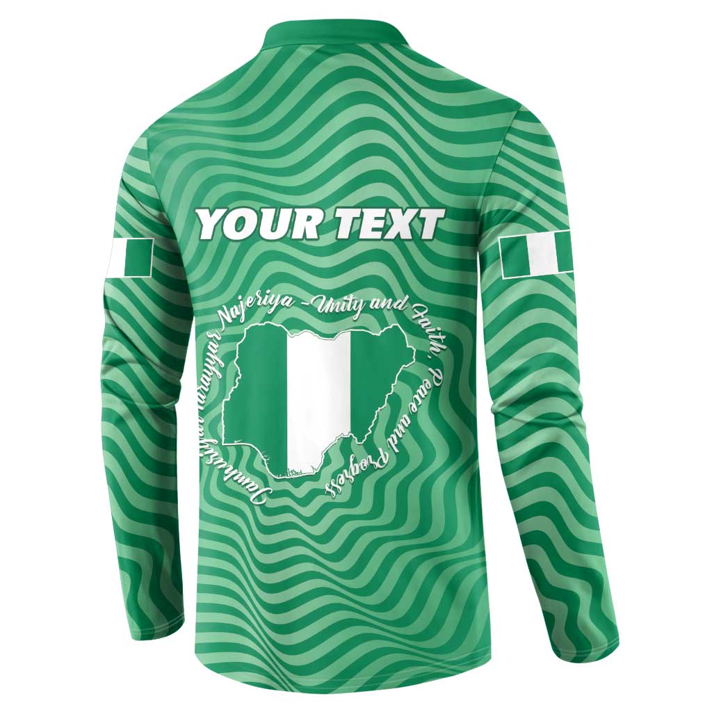 Green back view button sweatshirt with “YOUR TEXT” and Nigeria map graphic in white
