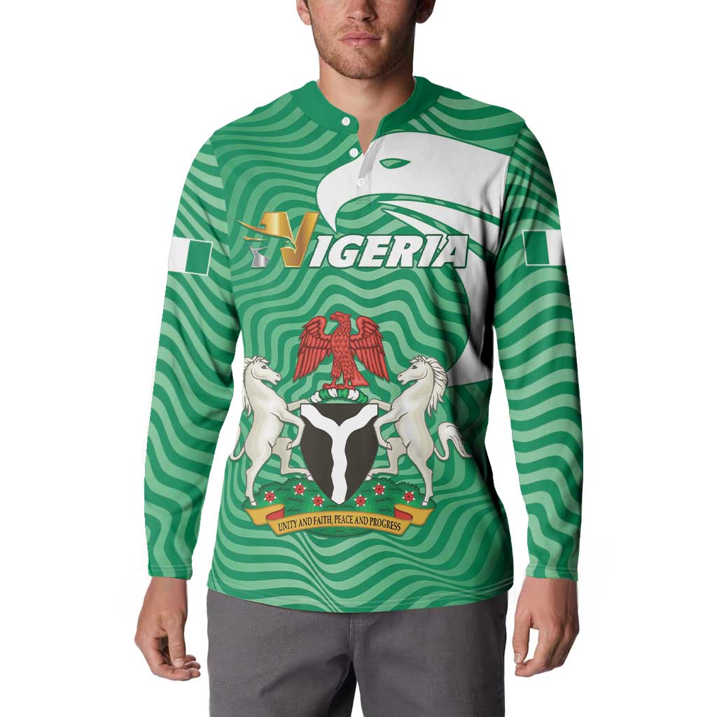 Green button-front sweatshirt with Nigeria crest graphic, white panel, and wavy stripe pattern