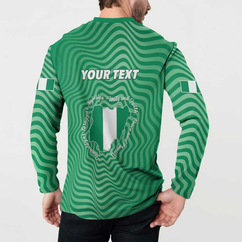 Green back view button sweatshirt showing “YOUR TEXT” and Nigeria map graphic outline