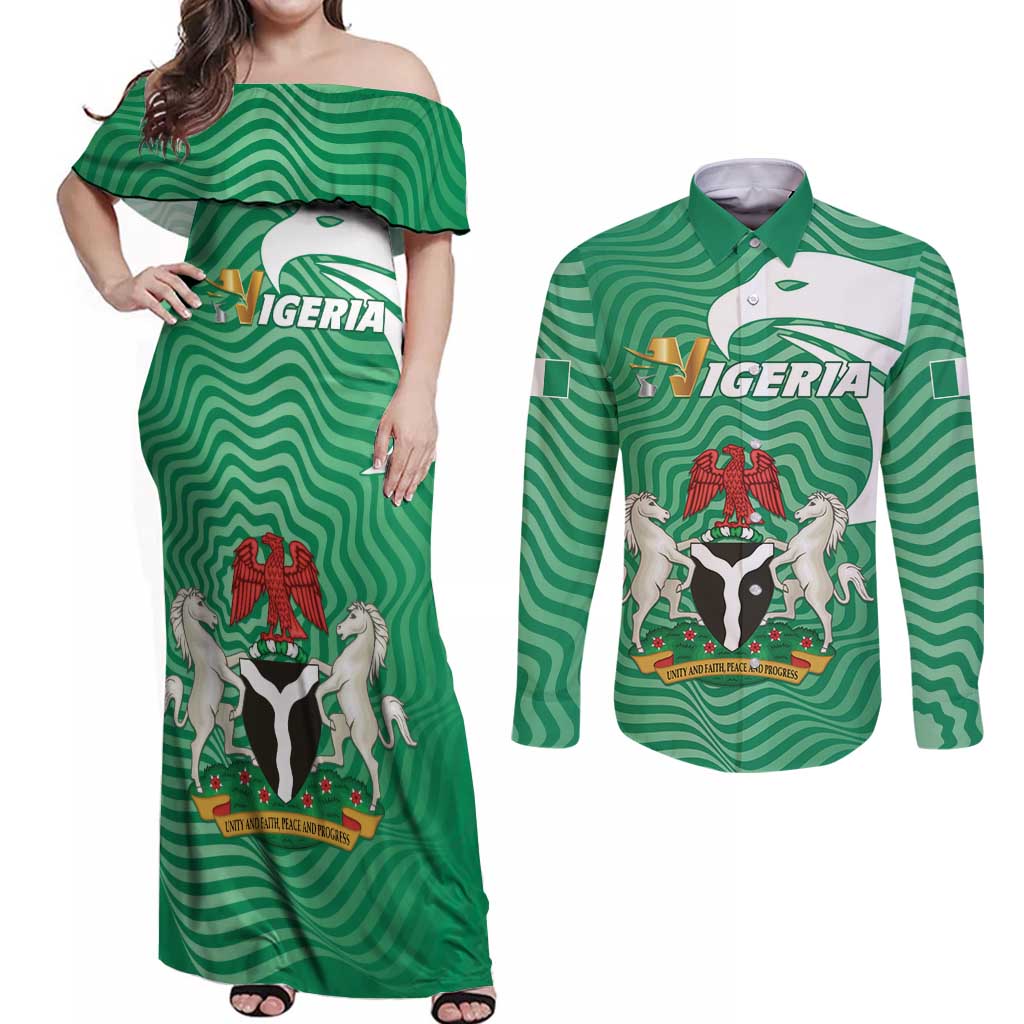 Personalized Nigeria Couples Matching Off Shoulder Maxi Dress and Long Sleeve Button Shirt Jamhuriyar Tarayyar Najeriya - Wonder Print Shop