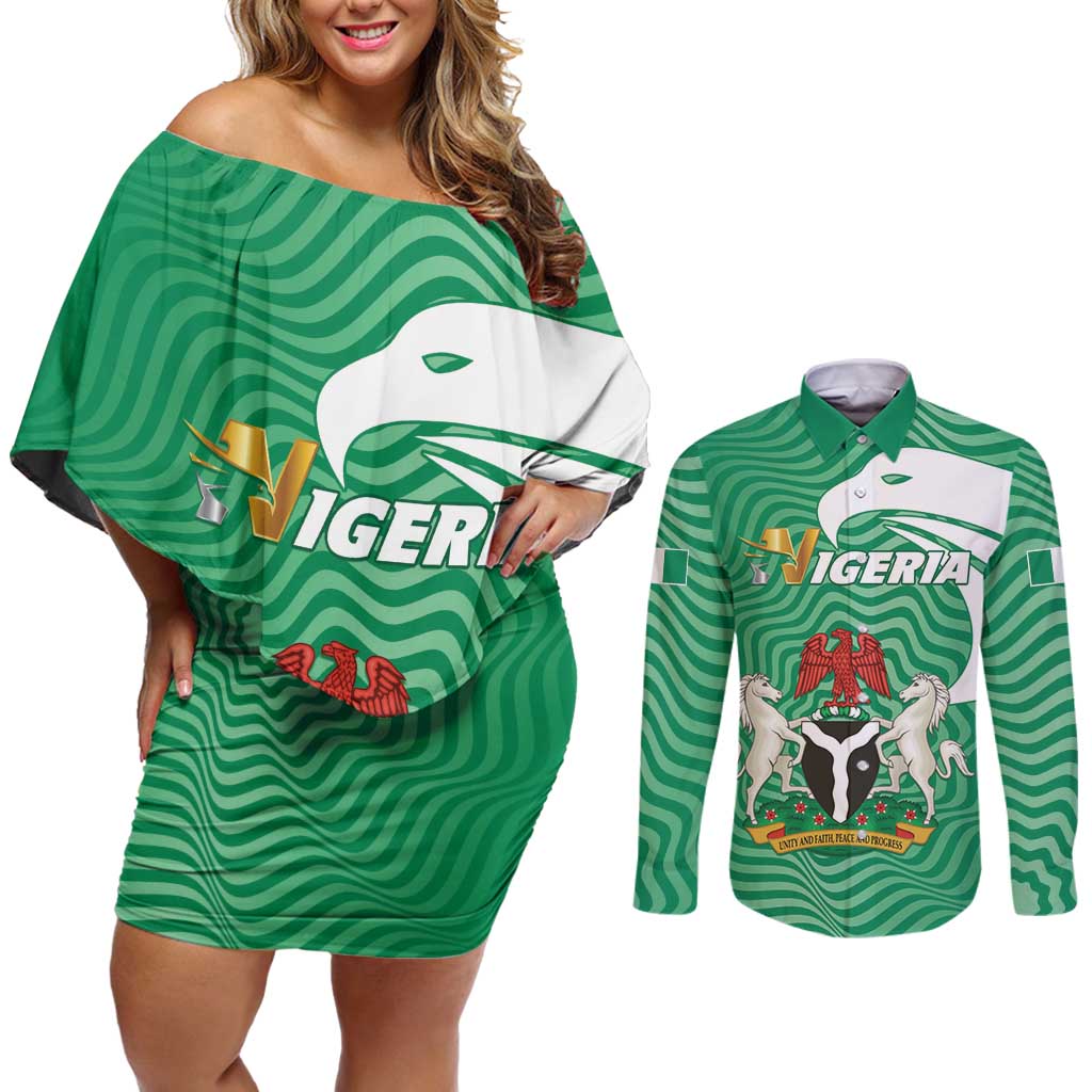 Personalized Nigeria Couples Matching Off Shoulder Short Dress and Long Sleeve Button Shirt Jamhuriyar Tarayyar Najeriya - Wonder Print Shop