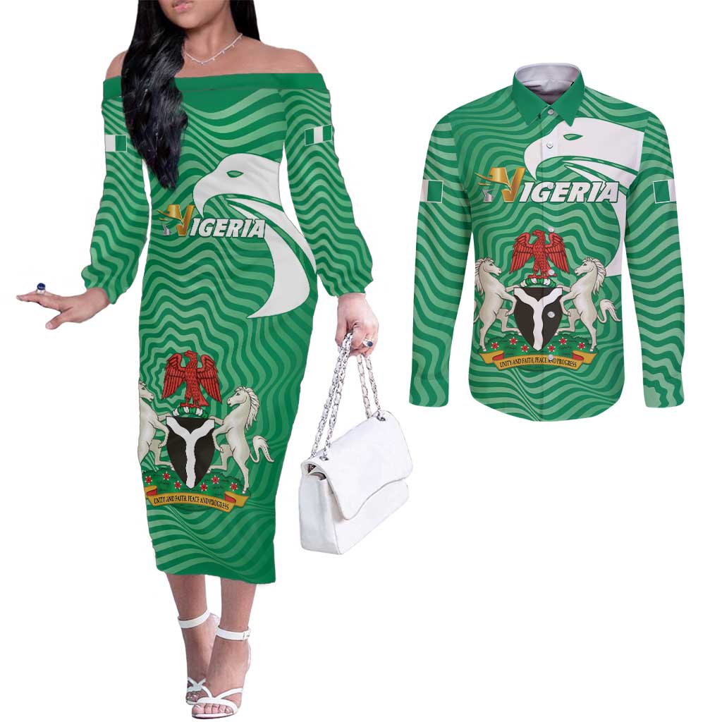 Personalized Nigeria Couples Matching Off The Shoulder Long Sleeve Dress and Long Sleeve Button Shirt Jamhuriyar Tarayyar Najeriya