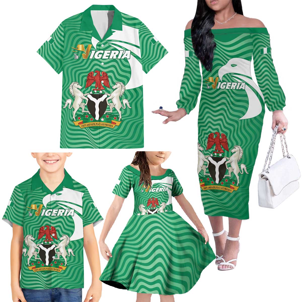 Personalized Nigeria Family Matching Off The Shoulder Long Sleeve Dress and Hawaiian Shirt Jamhuriyar Tarayyar Najeriya - Wonder Print Shop