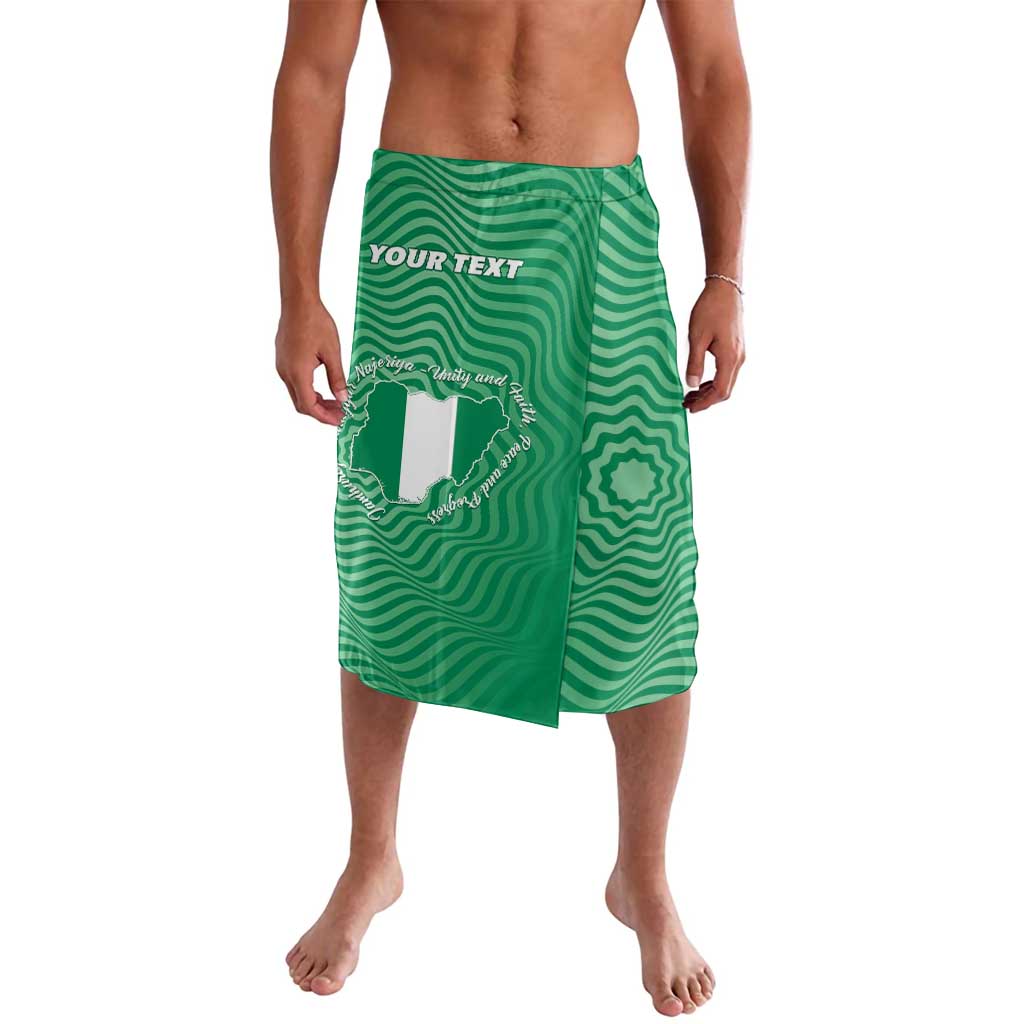 Green wrap skirt with 'YOUR TEXT' graphic and Nigeria-style map print