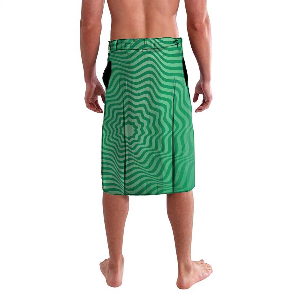 Green patterned sarong-style wrap skirt with elastic waist and straight hem