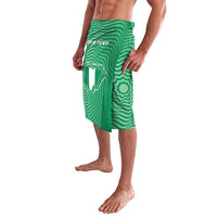 Green wrap skirt with 'YOUR TEXT' and map print, side seam and angled hem