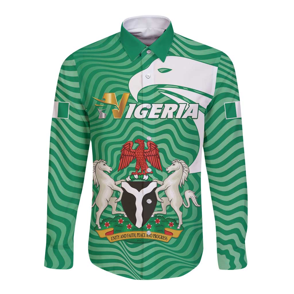 Green long-sleeve button shirt with Nigeria emblem graphic and wave pattern