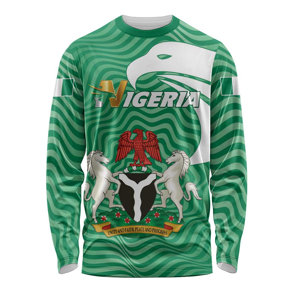 Green long-sleeve shirt with Nigeria flag crest and striped wave pattern, crew neck