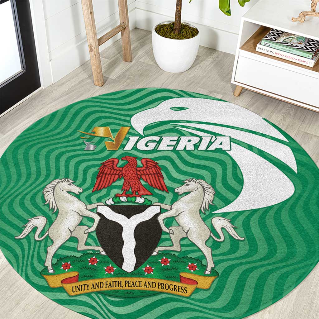 Green round area rug with Nigeria emblem, lions, and shield graphic