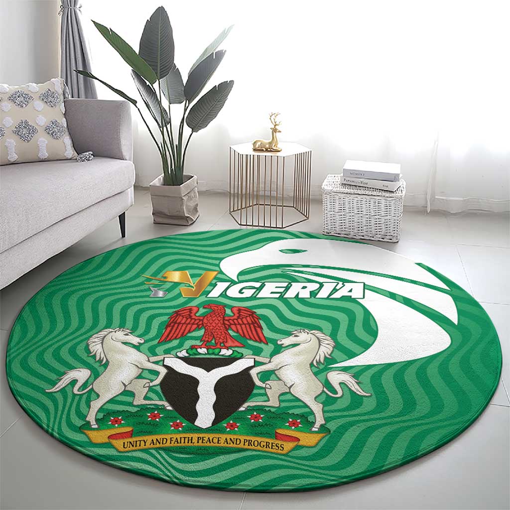 Green round area rug featuring Nigeria coat-of-arms with two lions