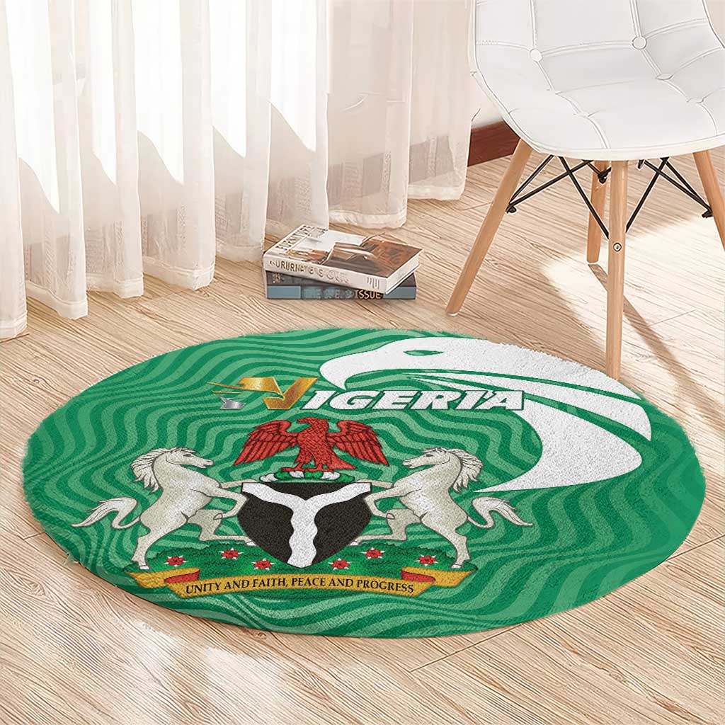 Green circular area rug with Nigeria emblem and lion-and-shield center design
