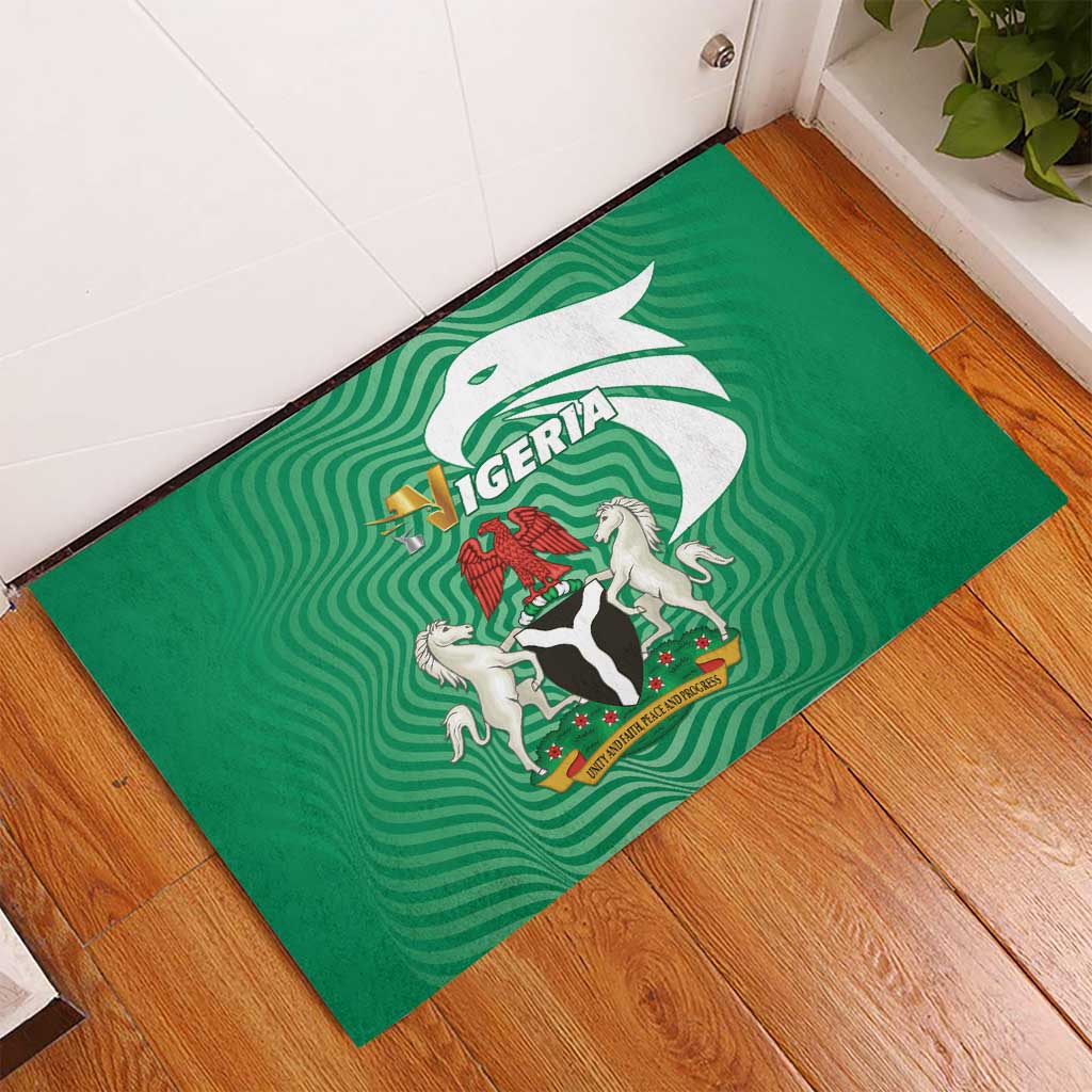 Green rubber doormat featuring Nigeria coat of arms and eagle emblem
