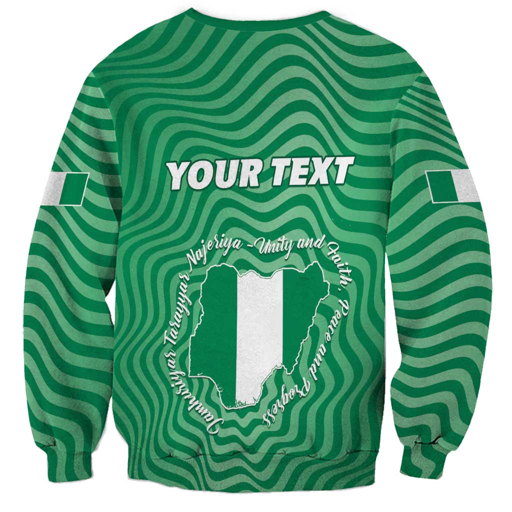 Green and white sweatshirt back with wavy pattern, Nigeria map outline, and 'YOUR TEXT'