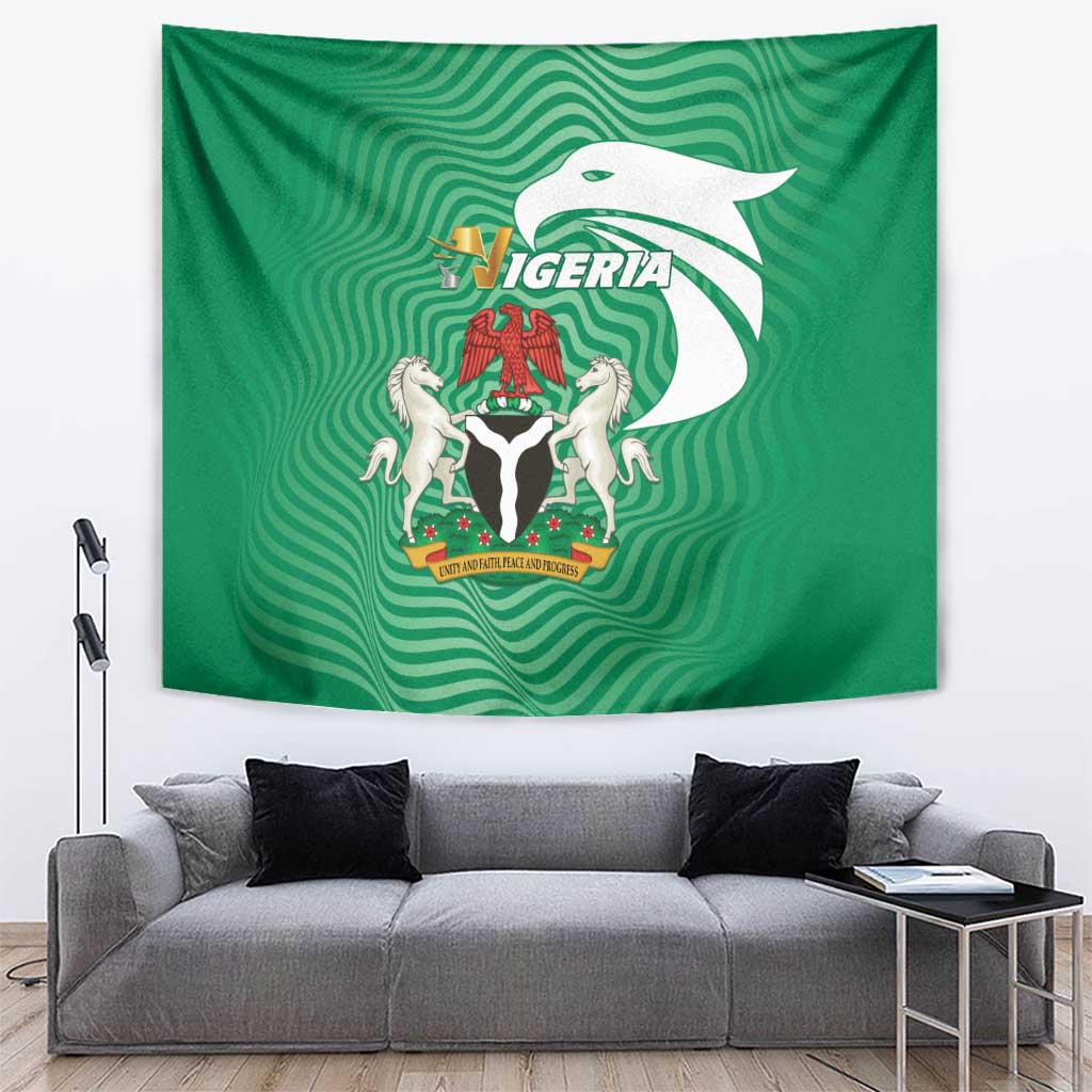 Green Nigeria flag tapestry with central coat of arms and bird graphic, hanging decor.