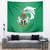 Green Nigeria flag tapestry with central coat of arms and bird graphic, hanging decor.