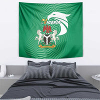 Green Nigeria flag tapestry with central emblem and bird graphic, over-bed wall hanging decor.