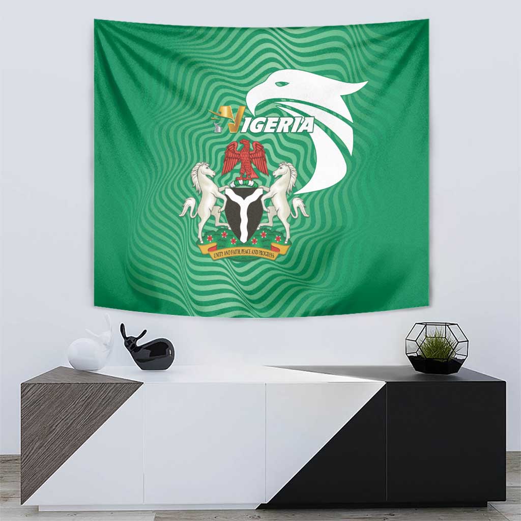 Green Nigeria flag tapestry with central emblem and bird graphic, wall-hung living room decor.