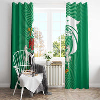 Green Nigeria-themed curtain panels with crest and wavy stripe pattern, wide view